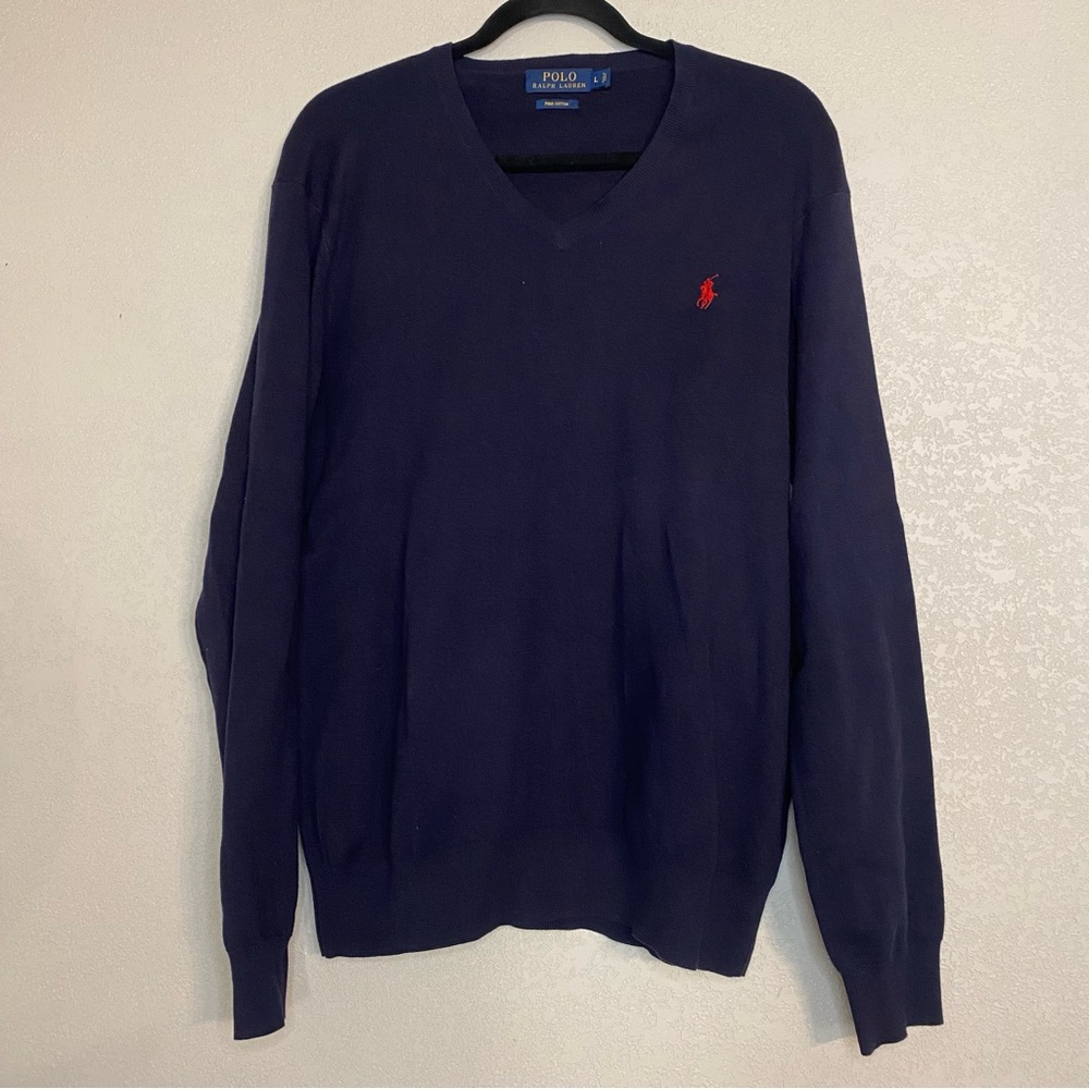 polo ralph lauren men sweater pima cotton blue navy v neck Sz Large